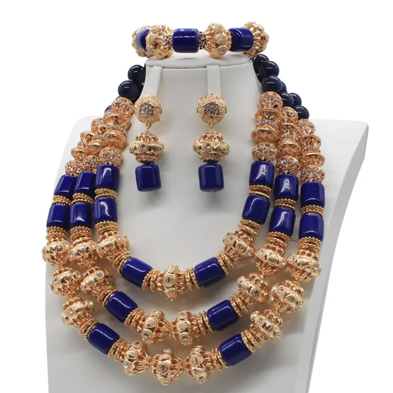 Real Coral Beads 3 Layers Blue Costume Necklace African Bridal Jewelry Set Dubai Gold Nigerian Wedding Necklace Set ABG7