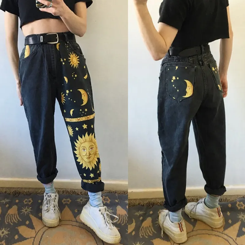 2021 Digital Moon Star Printed Straight Pants Trendy Pants Jeans Fashion Printed Ladies High Waist Young Girls Chic Denim Pants