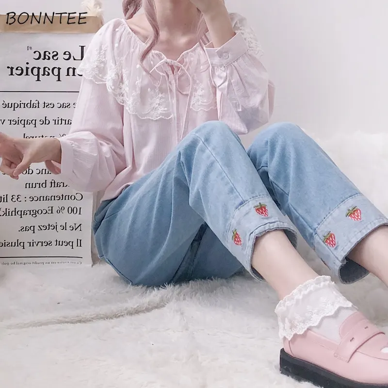 Jeans Women Strawberry Printed Patchwork Harajuku Elastic High Waist Ankle length Jean Femme Womens Korean Style Kawaii Leisure