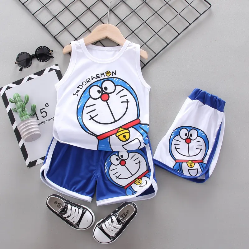 Baby Boys Summer Clothes Sets Infant Kids Cartoon Doraemon Cotton Sleeveless T-shirt Vest+Shorts 2Pcs Suits Toddler Clothing