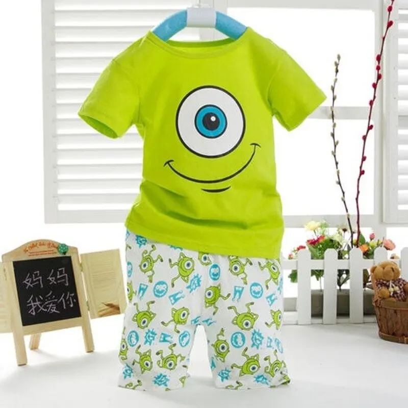 Kids Boys Cartoon Big Eyes Short Sleeve Tracksuit Top Pants Pajamas Outfits Sets