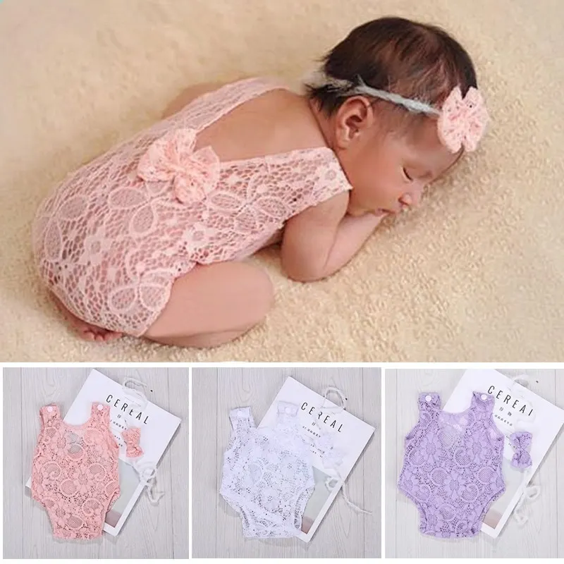 Lace Baby Rompers Newborn Infant Photography Clothes with Bow Headband Bebe Girls Photo Clothing Jumpsuit Costumes