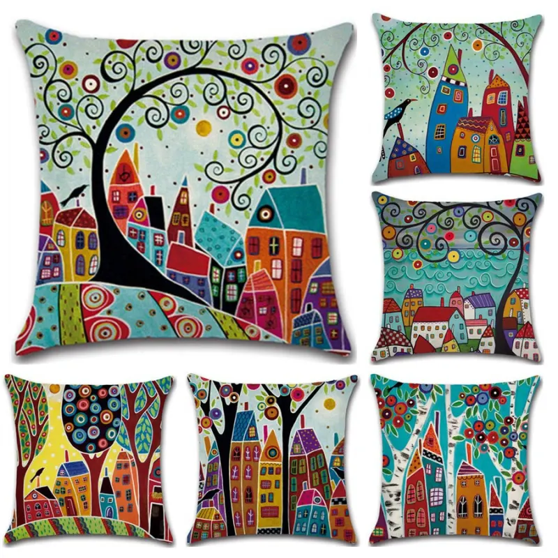 Hand-Painted Retro Rural Color Cities 45*45cm Cushion Cover Linen Throw Pillow Car Home Decoration Decorative Pillowcase