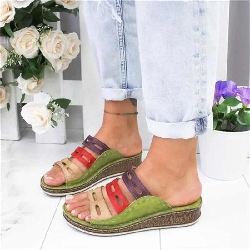 Women,s Beach Slippers 2020 Summer Women Lady Retro Stitching ColorCasual Low Beach Open Peep Toe Sandals 3 colors Shoes Slides