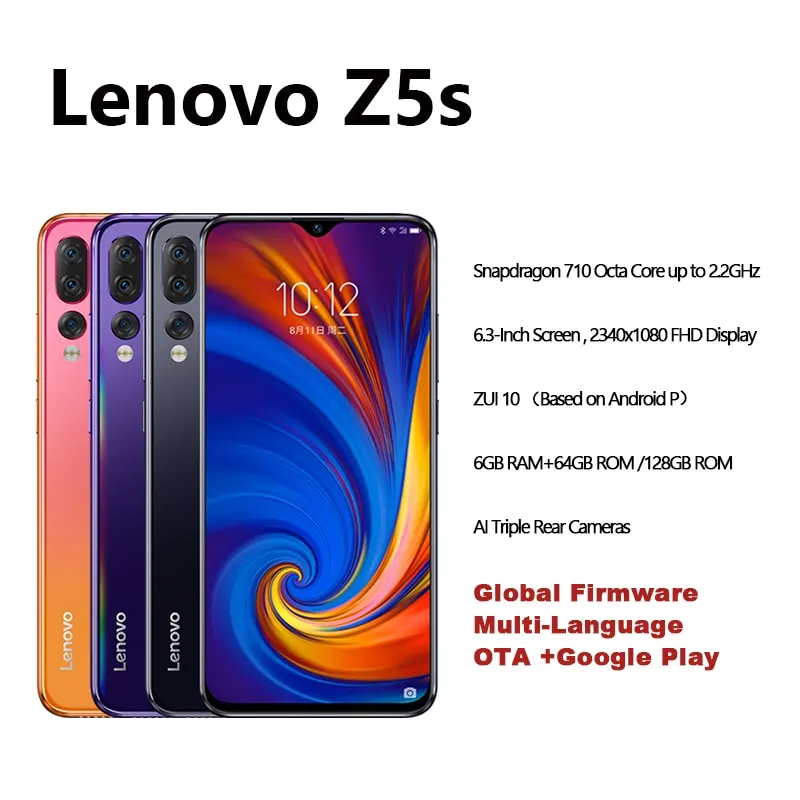 Global Version Lenovo Z5s Snapdragon 710 Octa Core 64GB 128GB SmartPhone Face ID 6.3 AI Triple Rear Camera Android P Cellphone