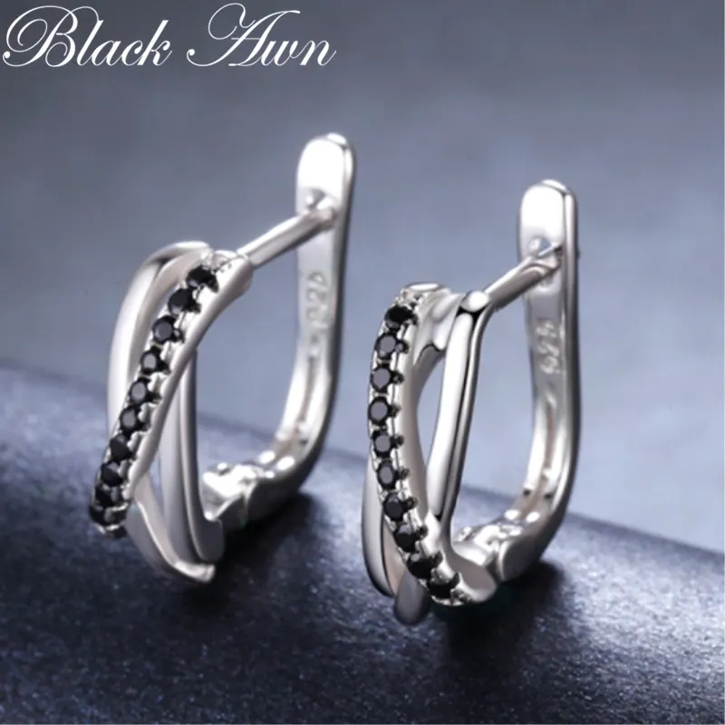 Classic Genuine 925 Sterling Silver Jewelry Black Spinel Stone Cute Stud Earrings for Women Bijoux Femme Boucles d,oreilles I023