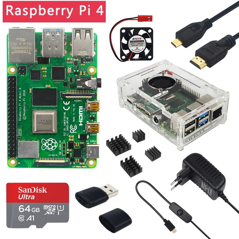 Raspberry Pi 4 Model B 4GB RAM + Case + Fan + Heat Sink + Power Adapter +64 GB SD Card + Micro HDMI Cable for RPI 4B
