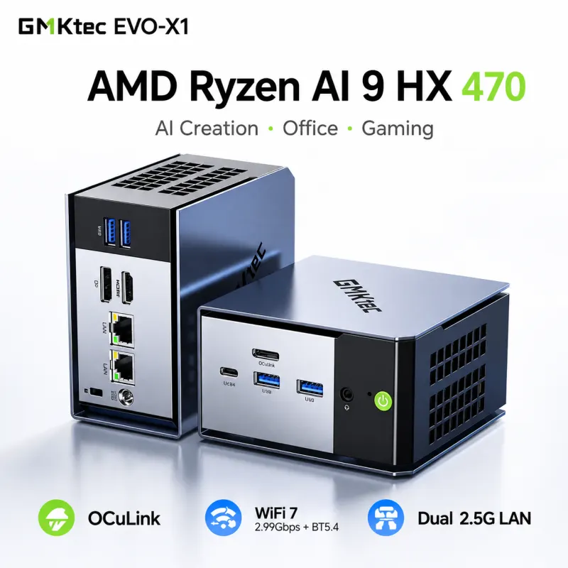 GMKtec EVO-X1 Mini PC AMD Ryzen AI 9 HX 470 64GB RAM OCuLink Wi-Fi7 Triple Display HDMI2.1 DP2.1 USB4 Desktop