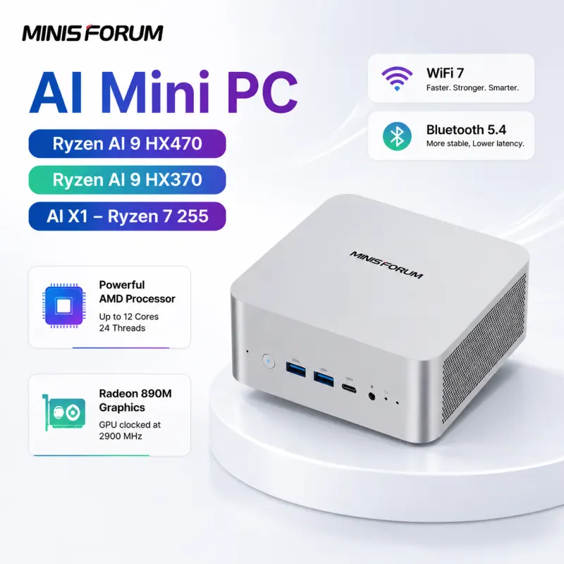 MINISFORUM AI X1 Mini PC AMD Ryzen 9 AI HX 470 128GB 4TB SSD OCu Link WiFi7 BT5.4 Windows 11 Copilot Office Gaming Computer