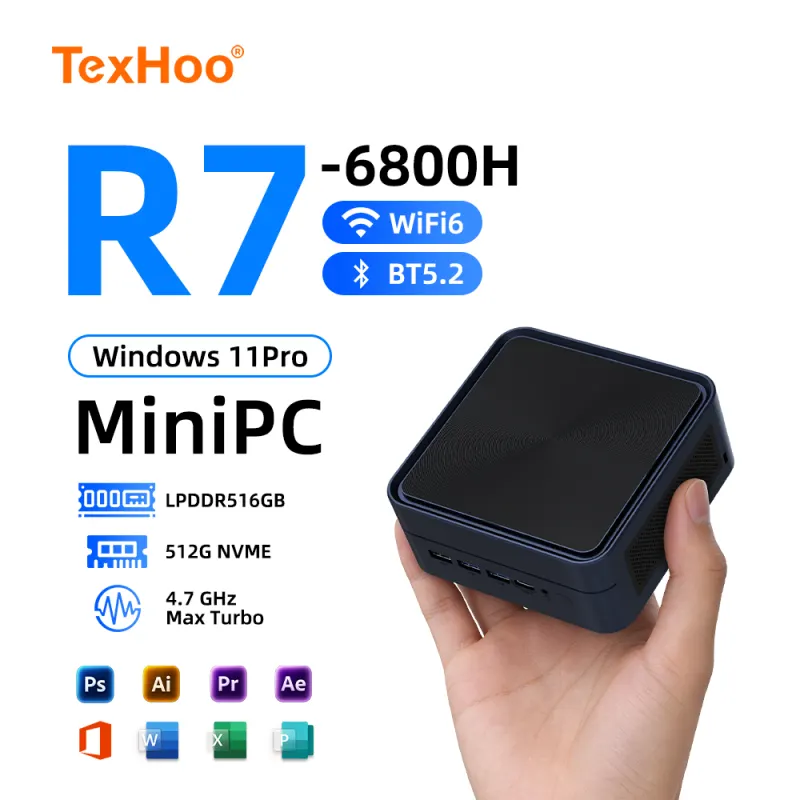 Texhoo MINI PC AMD Ryzen7 6800H 16GB LPDDR5 4800MHz 512GB NVME SSD 4.7GHz Windows 11 WIFI6 BT5.2 Desktop Office Computer PC
