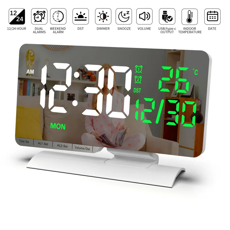 Table Clock Smart Double Alarm Clock Auto Dimming HD Large LED Display Perpetual Calendar Temperature for Bedroom Decoration