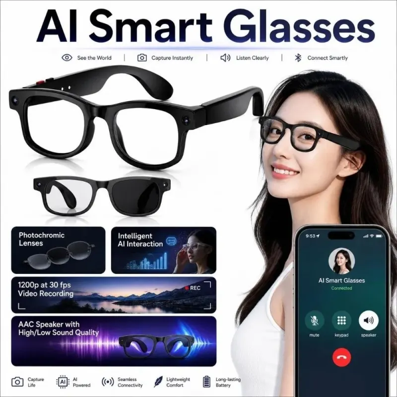 2 in 1 AI Smart Glasses Real-time Translation Anti-Blue Light Smart Video Glasses Call Translation HD Photo Video Voice