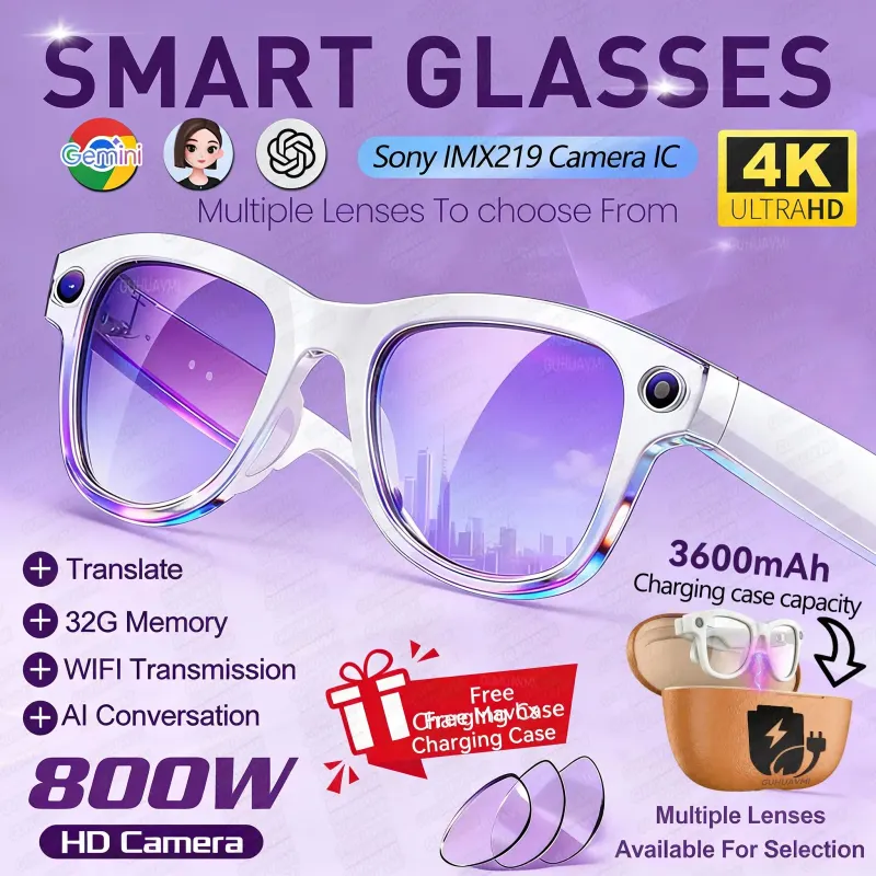 2026 New 3600mAh Portable Charger Smart Glasses Women 800W Camera AI Translation Recording Videos Music Player Call Glasses Men