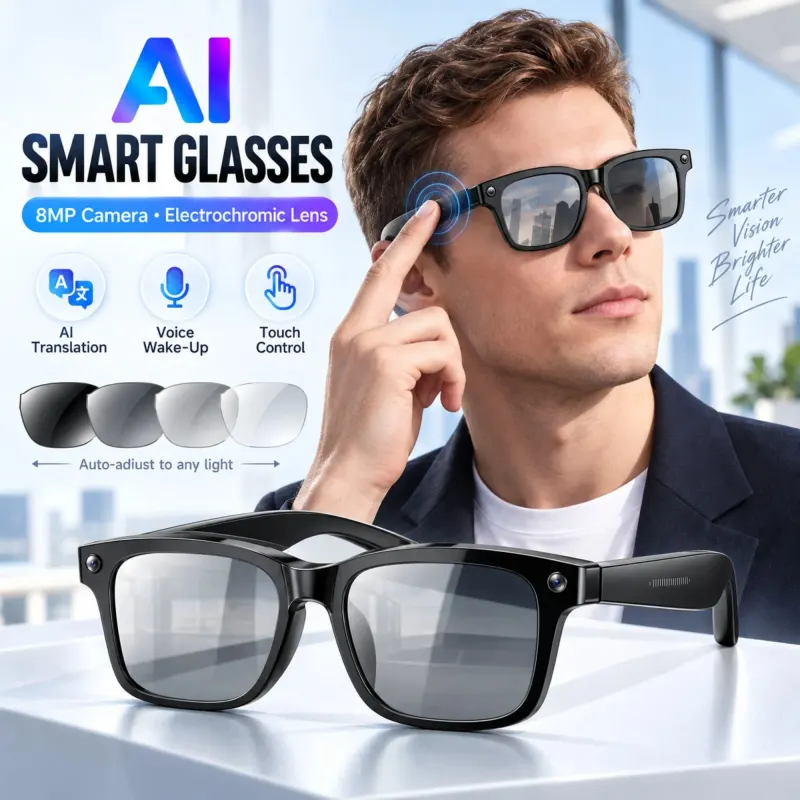 8MP AI Camera Smart Glasses 4-Level Electrochromic Lens Bluetooth Audio Voice Assistant Translation Eyewear