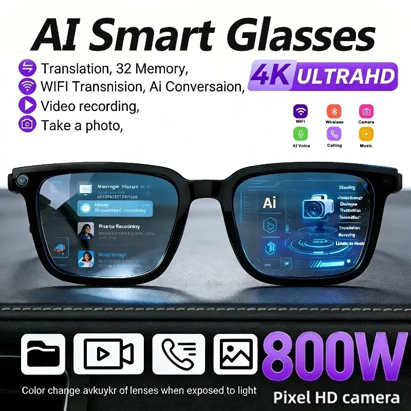 AI Smart Glasses Translation Glasses 8MP HD Camera 4K Shooting Image Bluetooth Call Recording Music Photo Recognition Sunglasses