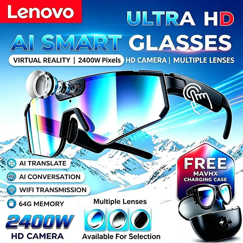 Lenovo 2400w Photo ChatGPT AI Smart Camera Glasses Anti-shake 1080P Video Cycling Sport Sunglasses Dual Mic 32GB Windproof Goggle