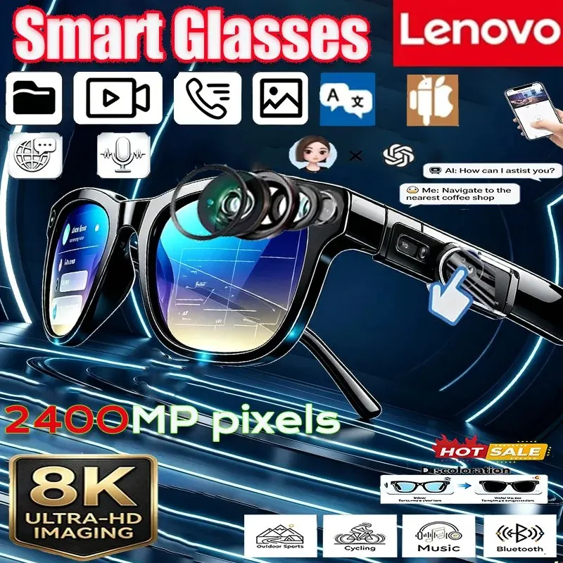 Lenovo 8K 2400MP AI Smart Glasses Eyewear Vedio Translation Photo HD Hands-Free Calling AI Chat Music Playback Smart Sunglasses