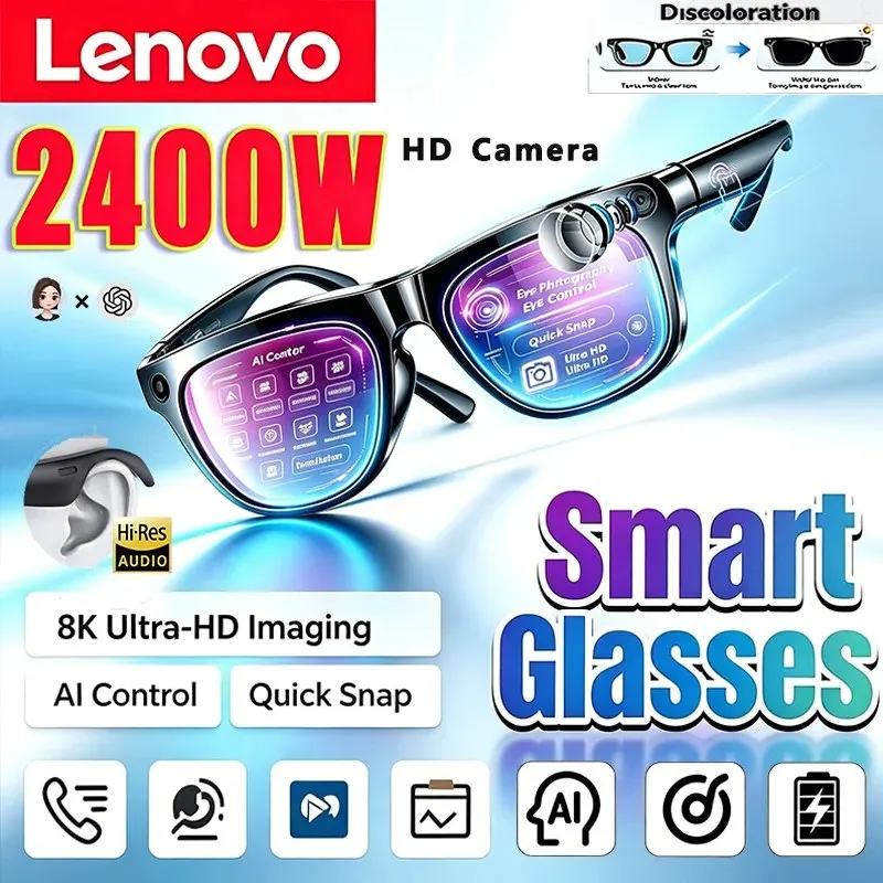 Lenovo 8K Bluetooth AI Smart Translation Conversation Glasses 2400MP Recording Listening To Music Insert Cards Smart Sunglasses
