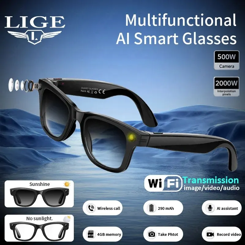 LIGE 500W HD AI Smart Glasses Photochromic Multifunction Camera Bluetooth Call Music Player Voice Assistant Translate Sunglasses
