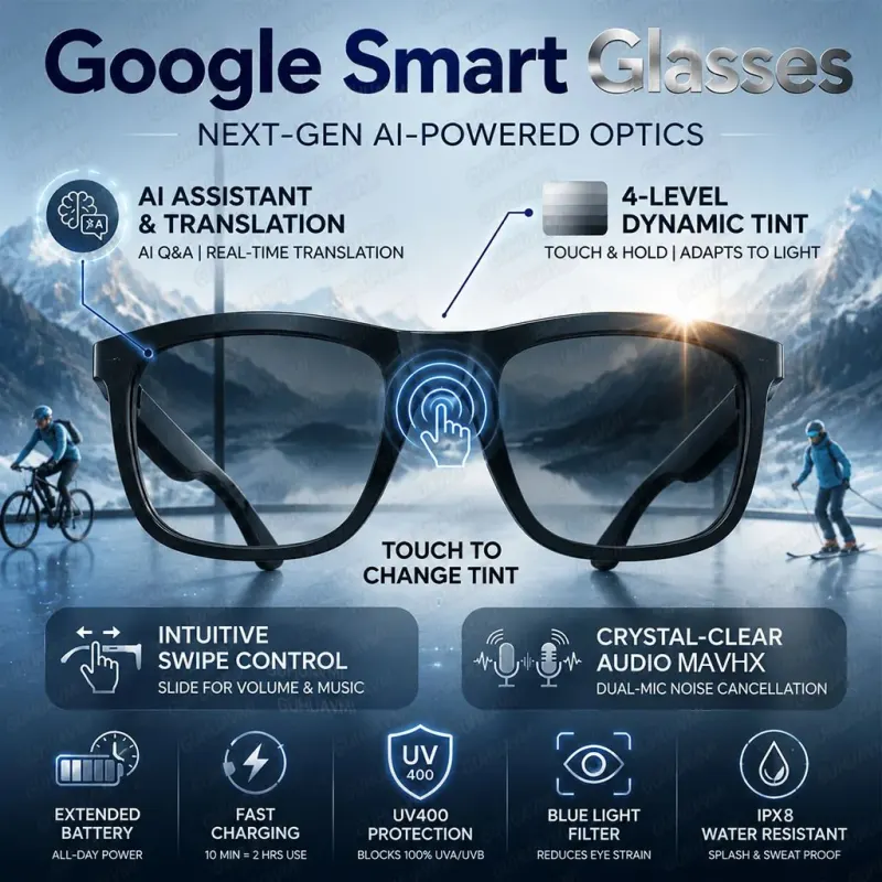 New 2026 Elite Smart Audio Glasses AI Translation Bluetooth Hi-Fi ENC Dual Mic Touch Color Lens IP65 Waterproof TR90 Lightweight