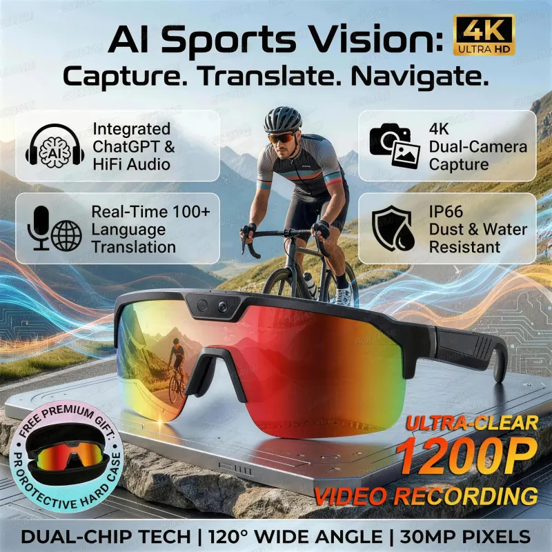 New AI Smart Glasses Camera 1200P Video 4K Anti-shake Cycling Riding Sports glasses Translation ChatGPT Dual Mic Windproof Goggles