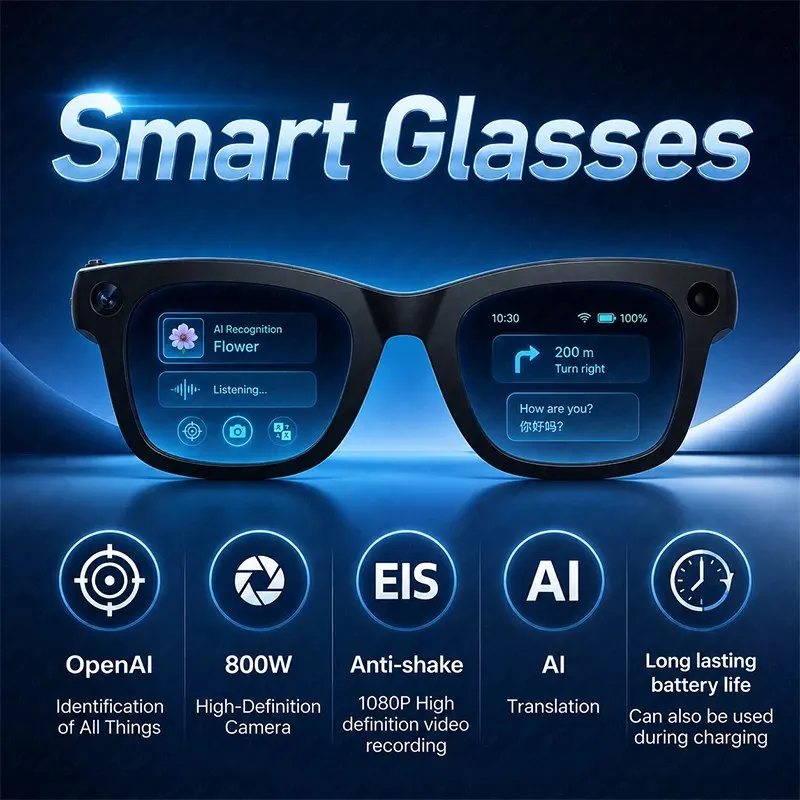 Smart Glasses 800W HD Camera AI Recognition Translation EIS Anti Shake Video Recording Bluetooth Audio Smart Eyewear Men Women