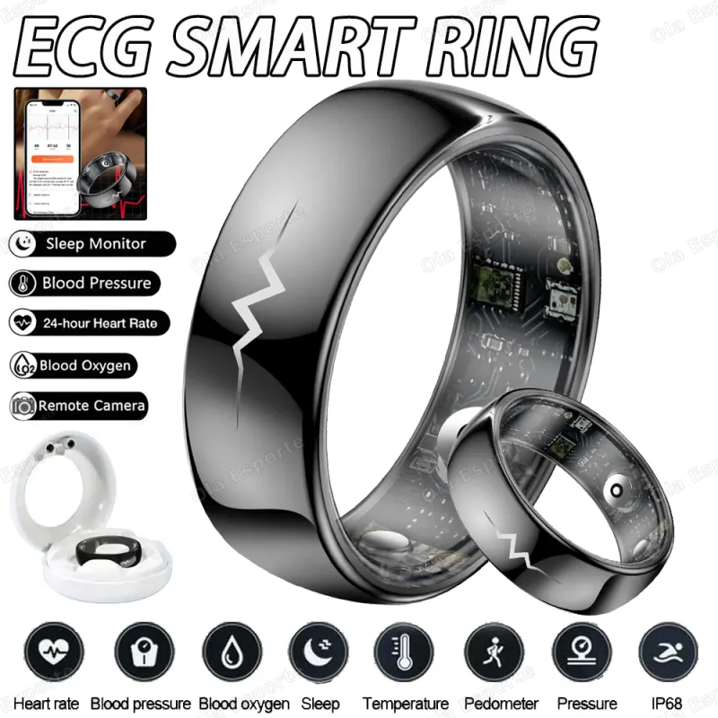 AI ECG Detection Smart Ring Blood Pressure, Heart Rate, Body Temperature Monitor, Waterproof Multiple Sport Track Men Women Rings