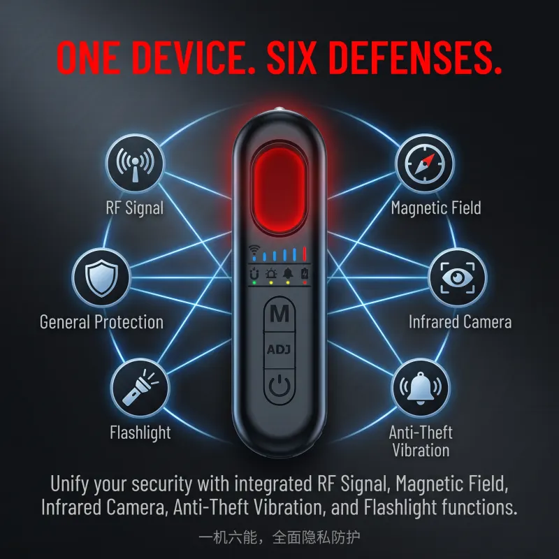 6-in-1 AI Anti Spy Hidden Camera Detector Infrared RF Signal Scanner GPS Tracker Bug Detector Vibration Alarm Portable Privacy P