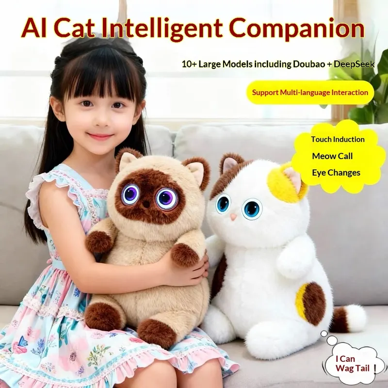 AI Cat Plush Toy Touch Glowing Eyes Wagging Tail Multilingual Intellectual Kids Companion Gift For Children