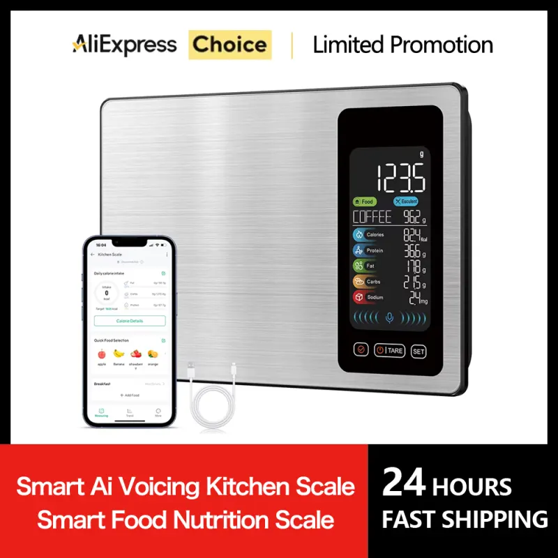 New AI Digital Smart Kitchen Scale 5kg/11lb USB Charge Stainless Steel Food Nutritional Calories Scale Voice Recognition Food