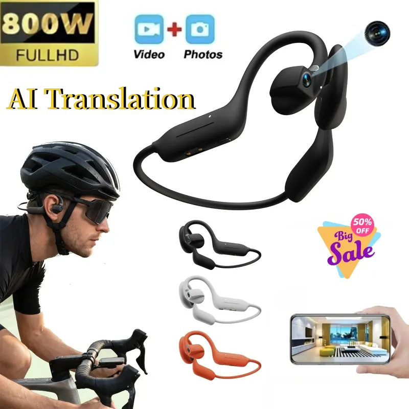 AI Headphones Camera 8MP HD Recording Smart AI Translation Ear Hanging Air Conduction Earphones Bluetooth Outdoor Cycling Record
