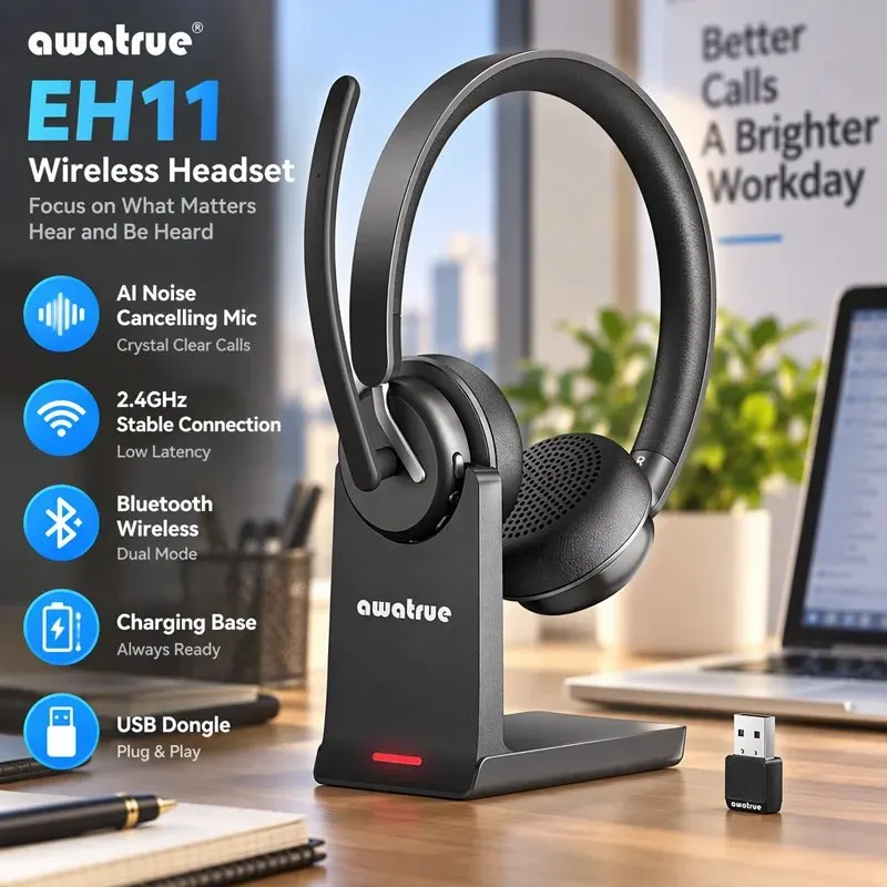 Awatrue Wireless Headset Bluetooth Headset with AI Noise Cancelling Mic & Charging Base 2.4GHz Headphones with USB Dongle