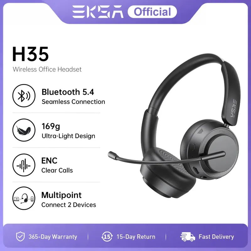 EKSA H35 Wireless Headset Bluetooth 5.4 Headphones with AI Noise-Canceling Mic On Ear Headphones for Trucker Call Center Office