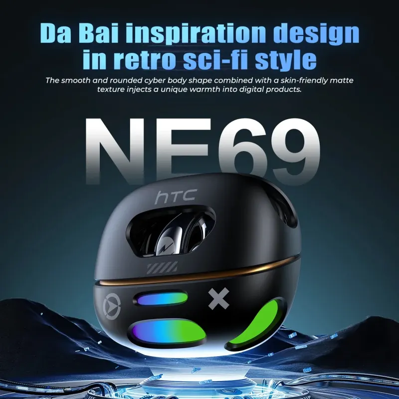 HTC NE69 AI Translator Wireless Headphones Gaming Stereo Audio Optimized Earphones Bluetooth 6.0 Low Latency RGB Charging Case