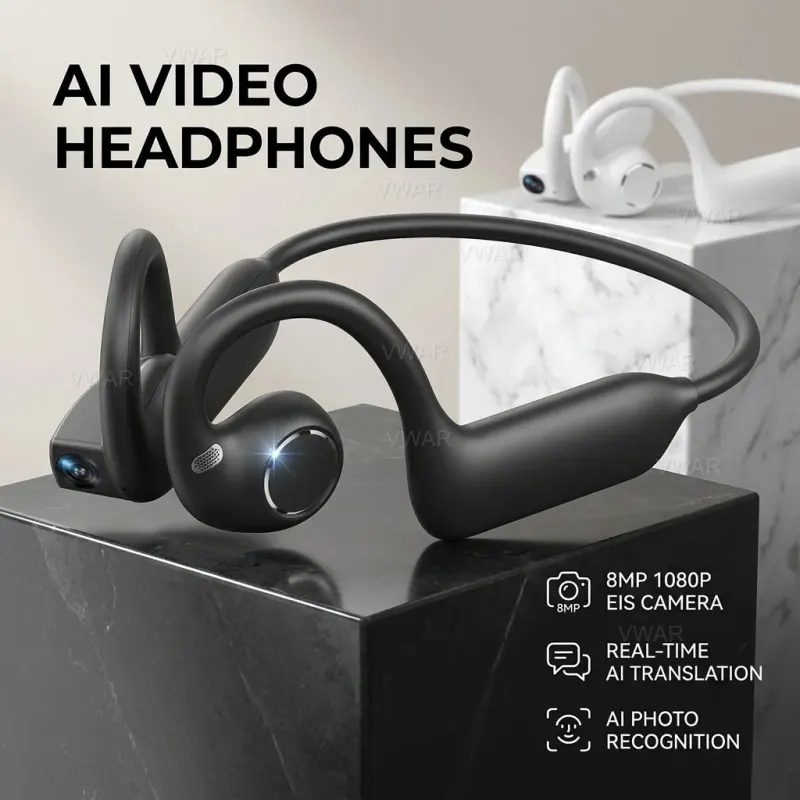 VWAR AI Smart Earphones 8MP Pixel 4K HD Camera Photo Video Recording Bluetooth Call Voice Assistant AI Translation Headphones