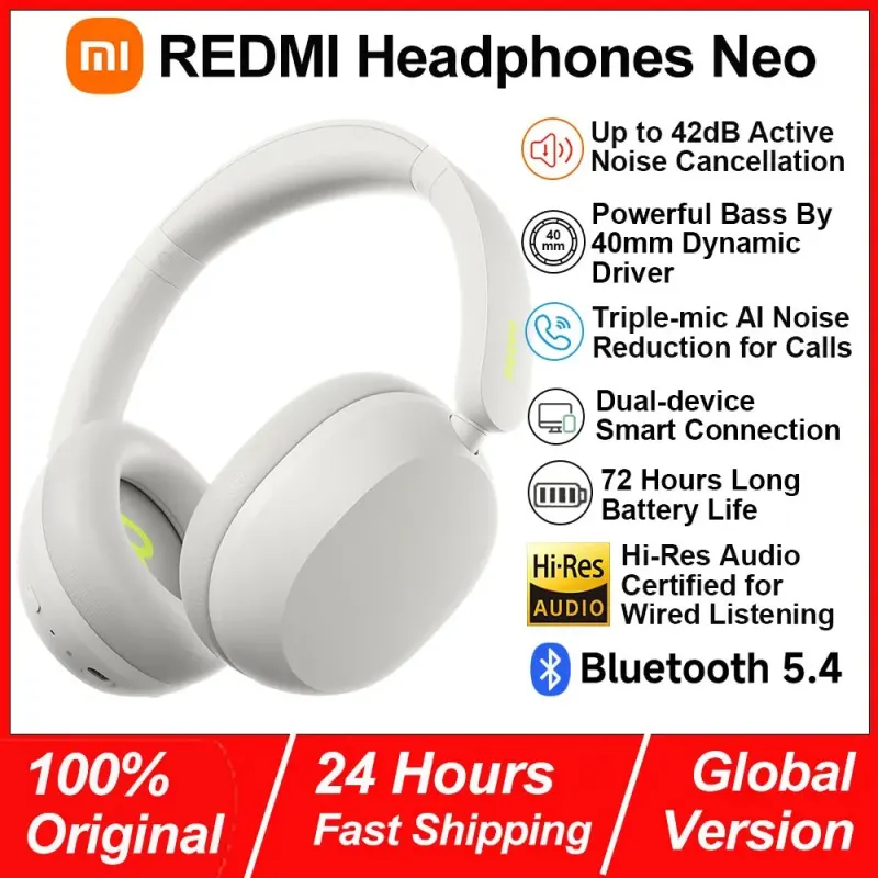 Xiaomi REDMI Headphones Neo, Up to 42dB ANC, 3-mic AI Call Noise Reduction, Fast Charging & Fast Pair, Adjustable Headband